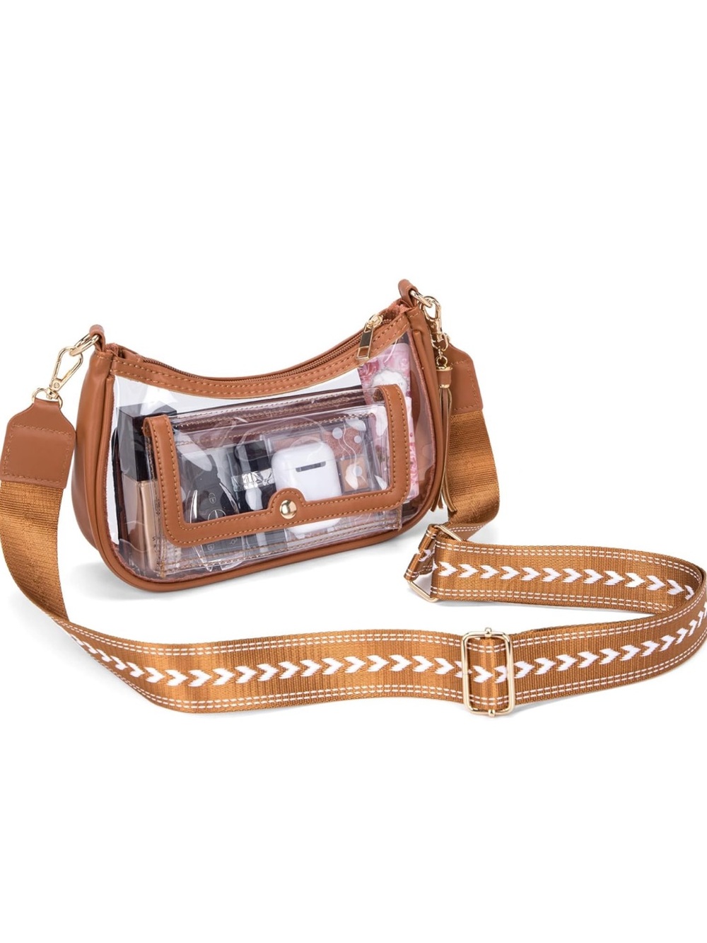Clear with Brown Accents Crossbody Bag with Adjustable Strap
